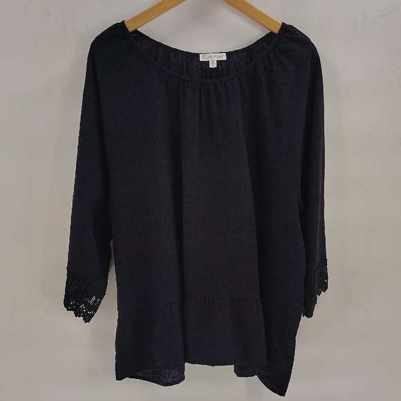 NorthStyle Pullover Cotton Blouse Size 3X Eyelet Detail Brocade Cuff Open Neck - Picture 1 of 10